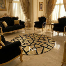 Χειροποίητο luxury χαλί σαλονιού με δέρμα και γούνα σε μαύρες και χρυσές λεπτομέρειες